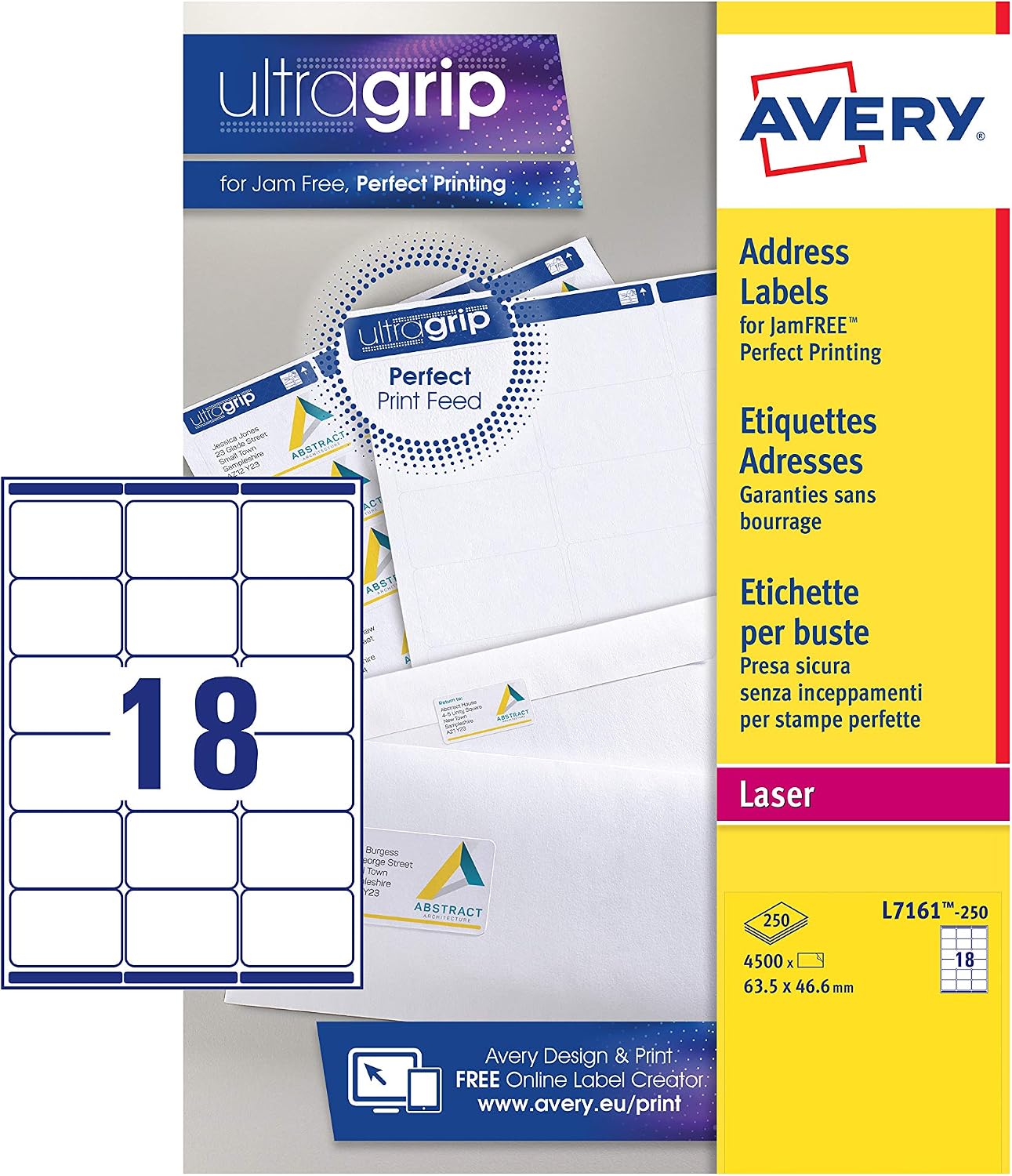Avery Address Labels for Laser Printers 18 Per A4 Sheet, 4500 Labels, QuickPEEL, Customisable, White, 63.5 x 46.6 mm