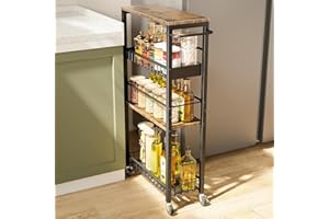 Kssiaz Slim Storage Rolling Cart, 4 Tier Narrow Cart with Wheels, Metal Kitchen Rolling Cart for Small Spaces, Slide Out Storage Shelves for Kitchen, Laundry Room, Bathroom, Living Room, 7.1in(W)