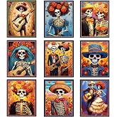 Adduster Day of The Dead Poster - 9 Piece Day of the Dead Decorations Sugar Skull Wall Art Sugar Skull Art Print for Mexico Holidays Halloween Wall Decor Living Room Decor