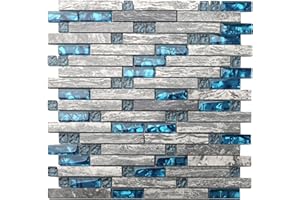 Blujellyfish Gray Marble Tile for Kitchen Backsplash 12 in. x 12 in. x 8 mm Teal Blue Glass Mosaic Bathroom Shower Wall Linear Tiles (Pack of 5 Sheets)