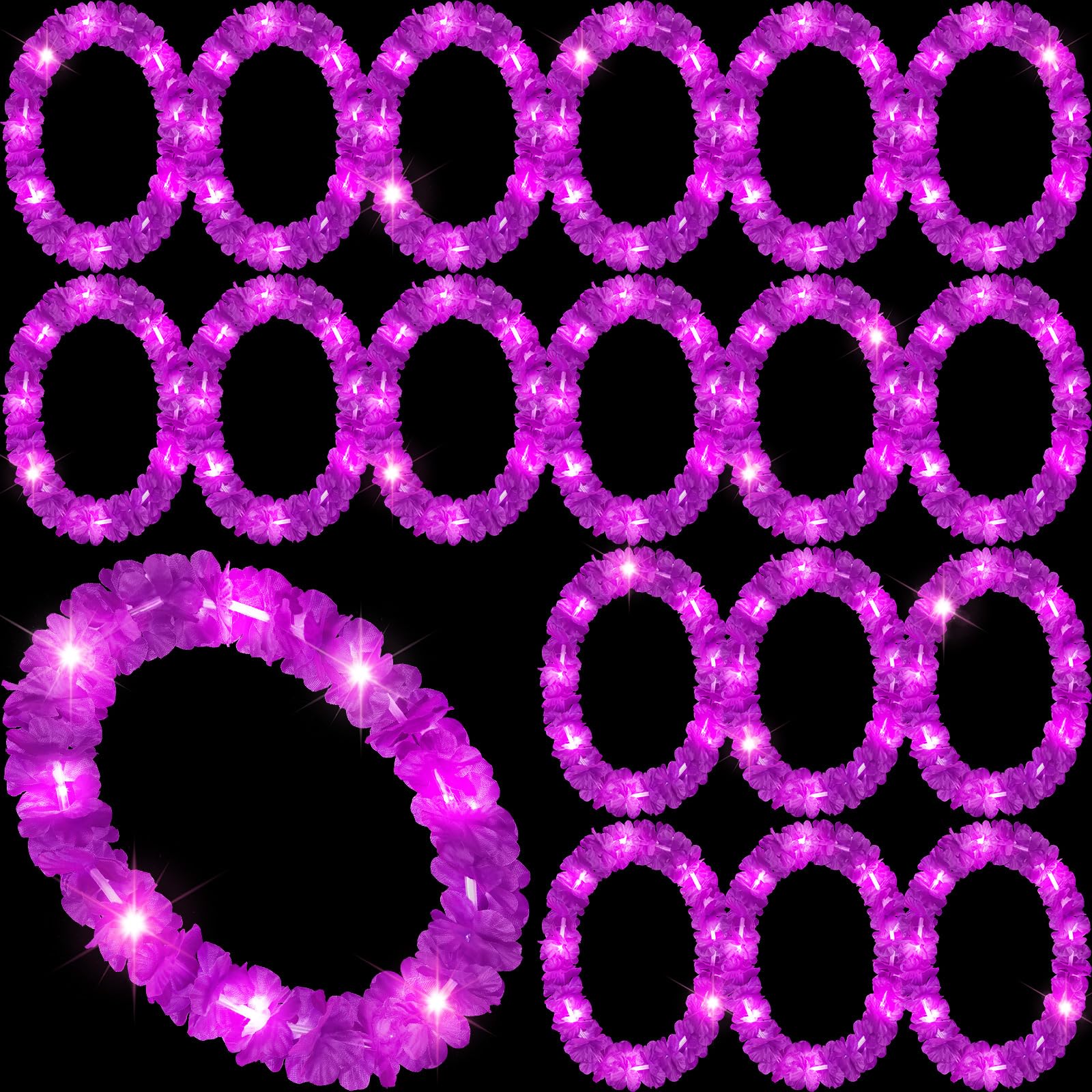 Photo 1 of Sherr 24 Pcs LED Leis Light Up Wedding Hawaiian Leis Flower Necklace with LED Lights Beach Tropical Carnival Party Wedding Supplies Luau for Masquerade(Dark Purple)
