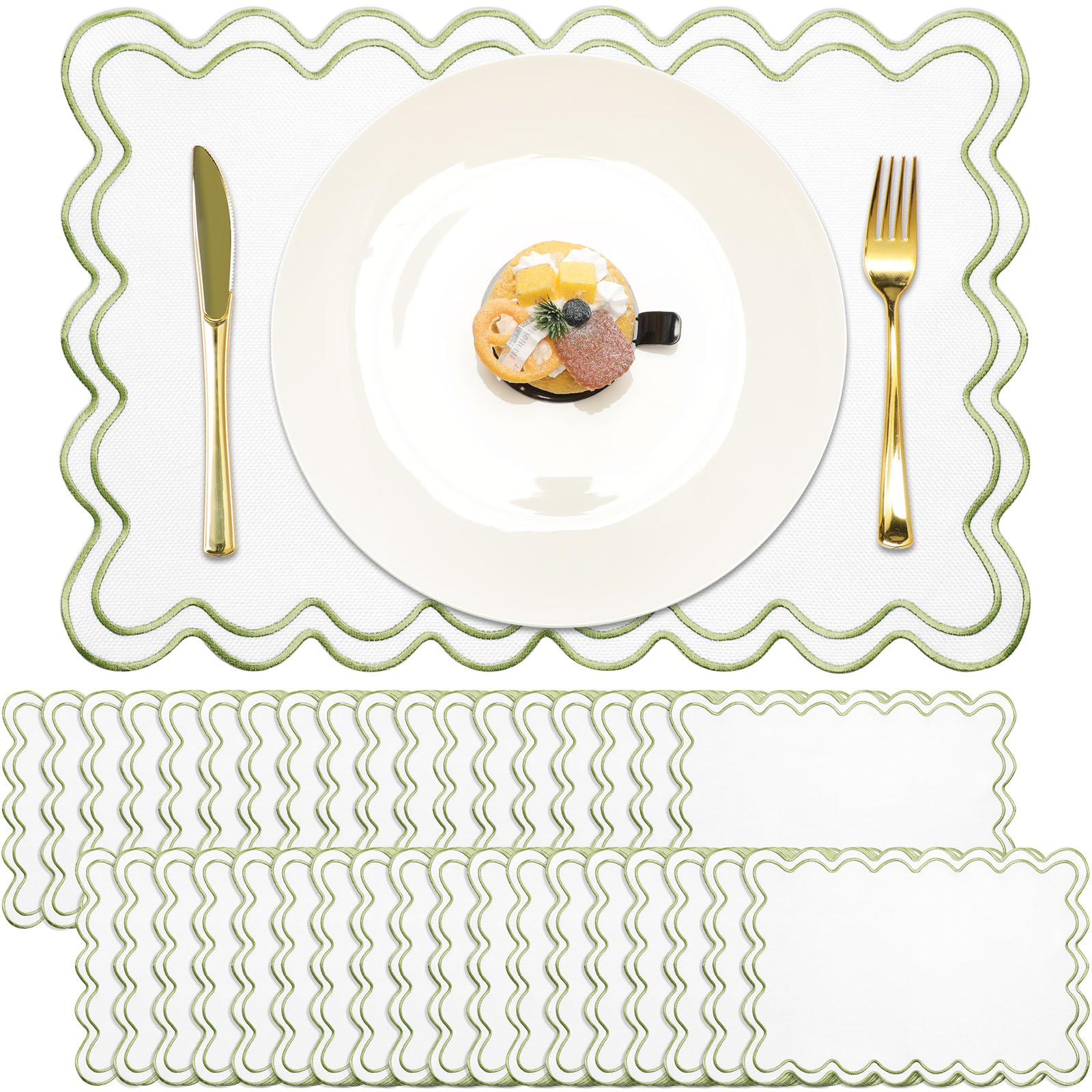 Photo 1 of HunnmingRe 36 Pcs Cotton Linen Placemats 13x19 Inch Wavy Embroidery Scalloped Place Mats Double Layered Washable Rustic Table Decor for Kitchen Restaurant Hotel Dining Accessories (White with Green)