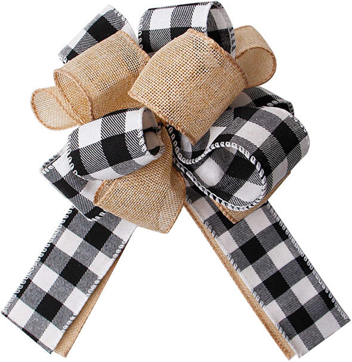Bows & Ribbons - LOKESI Black White Buffalo Plaid Burlap Wreath Bow Multi Layed Gift Bows Wreath Bow Wall Ornaments Christmas Tree Topper Bows for Holiday Home Front Door Decorations, 11 x 7 inch