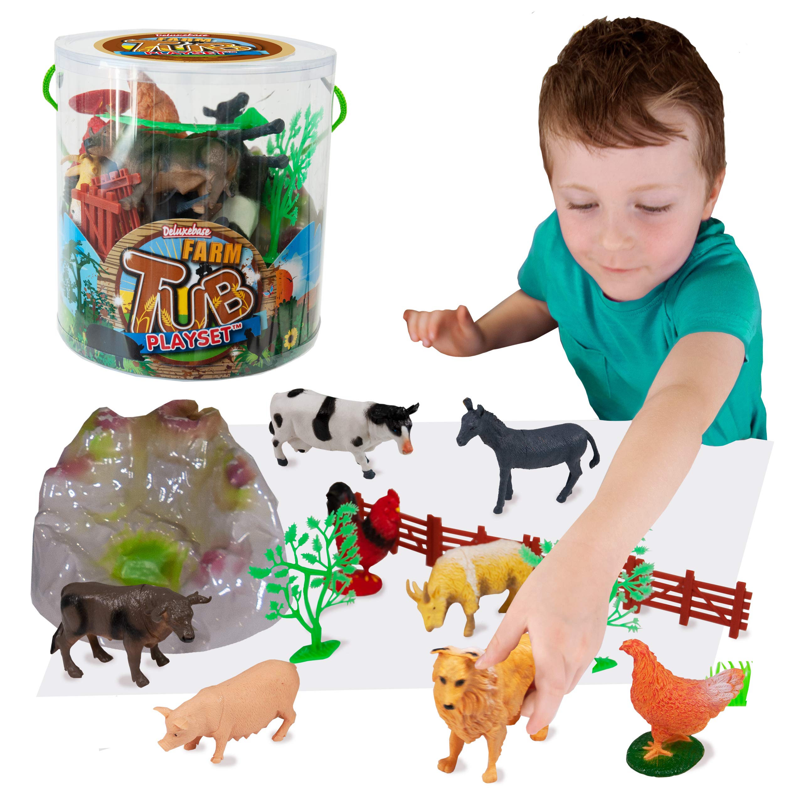 Tub Playset - Farm Animals from Deluxebase. 12 Piece Educational Animal Toy Playset for Kids. Reusable Tub with a Pig, Donkey, Doat, Dog, Chicken, Cockerel, Cow, Bull and Accessories