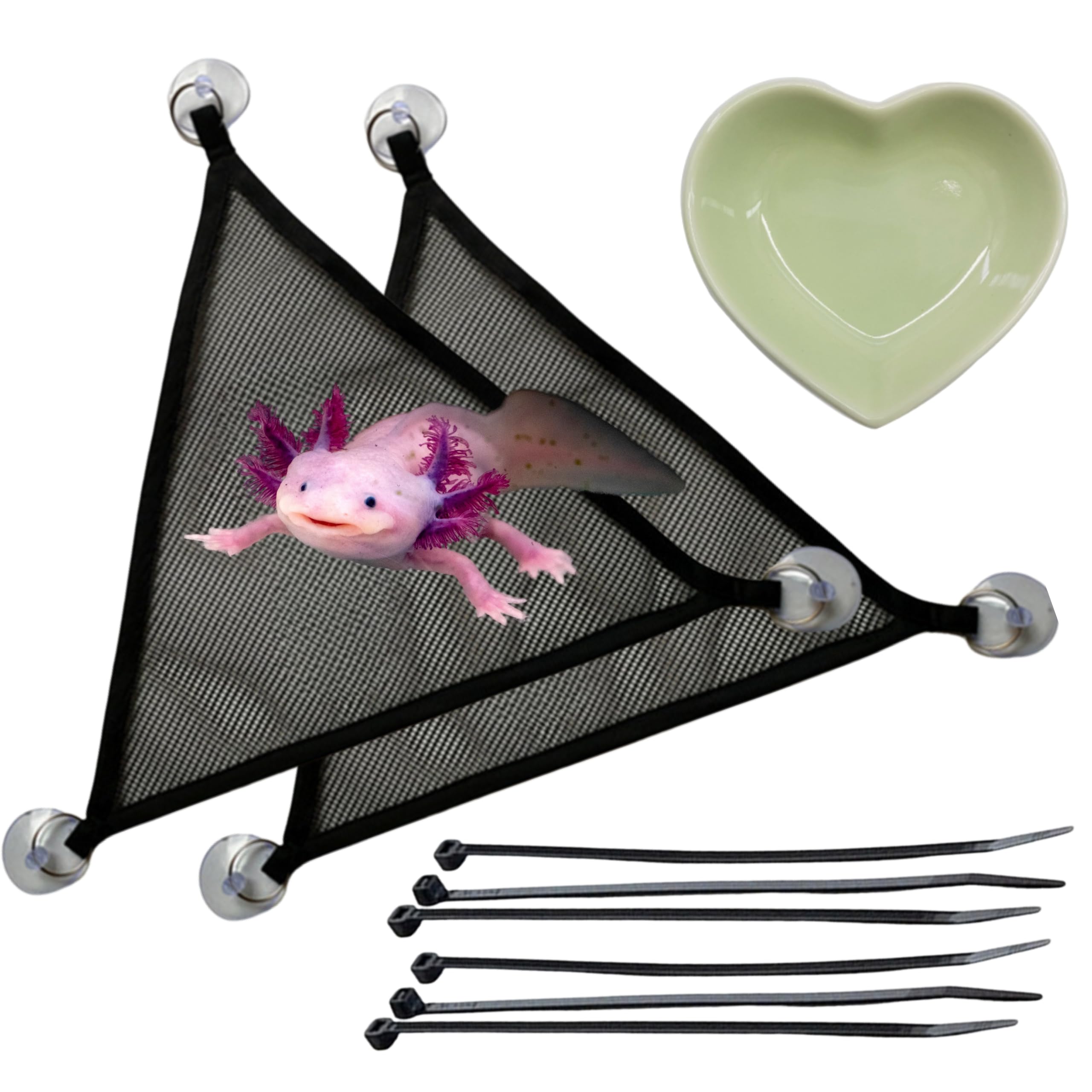 Photo 1 of Axolotl Hammock For Aquarium with Ceramic Feeding Dish, Axolotl Hammock with Bowl, Reptile Triangle Hammocks with Tray Feeder, Axolotls Accessories For Tank, Bearded Dragon Tank Accessories (Black, S)