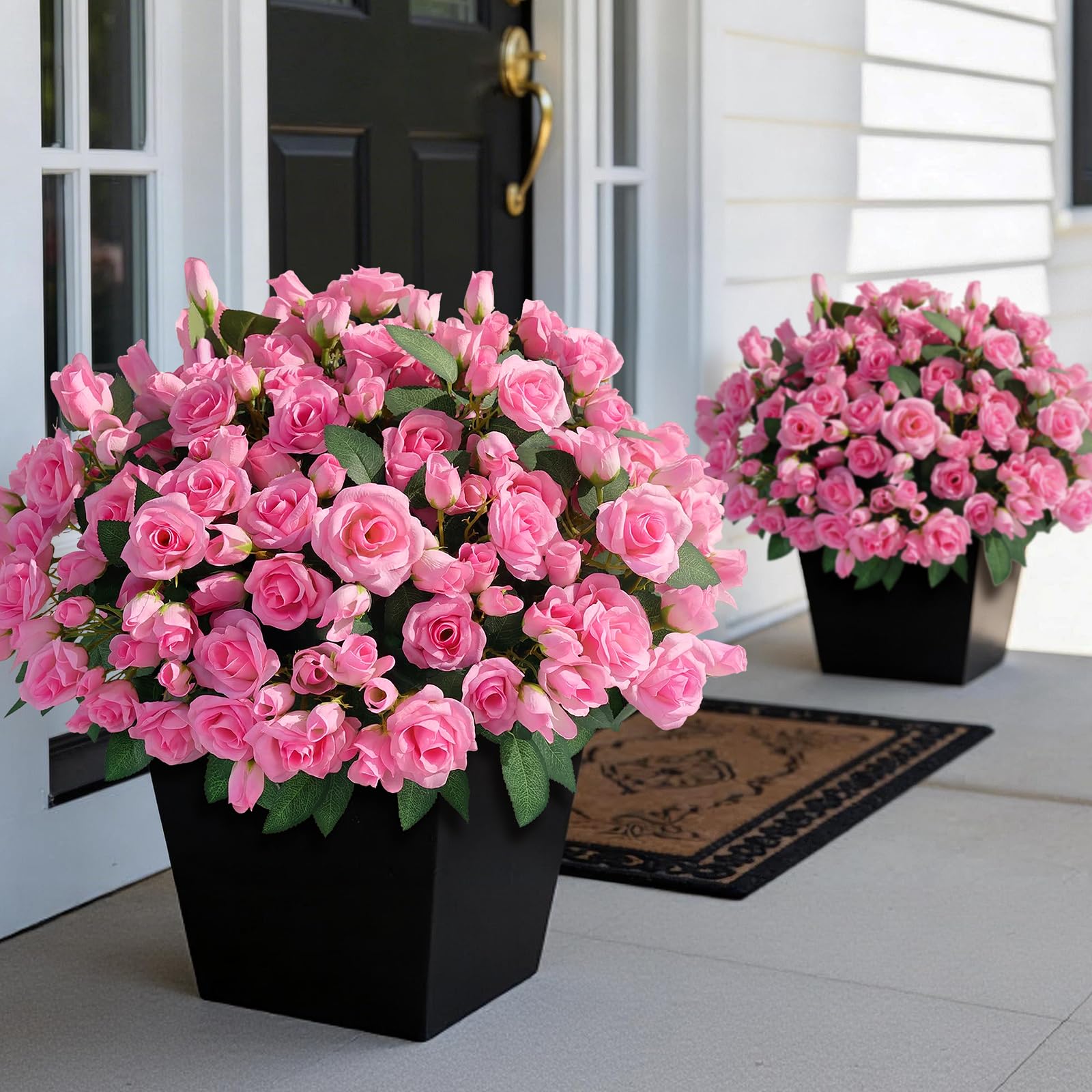 16 Bundles Artificial Roses for Front Door Outdoor Decor, Realistic Fake Silk Bouquets Flowers Faux UV Resistant Real Looking Rose Plants for Garden Balcony Farmhouse Home Spring Summer Decor (Pink)