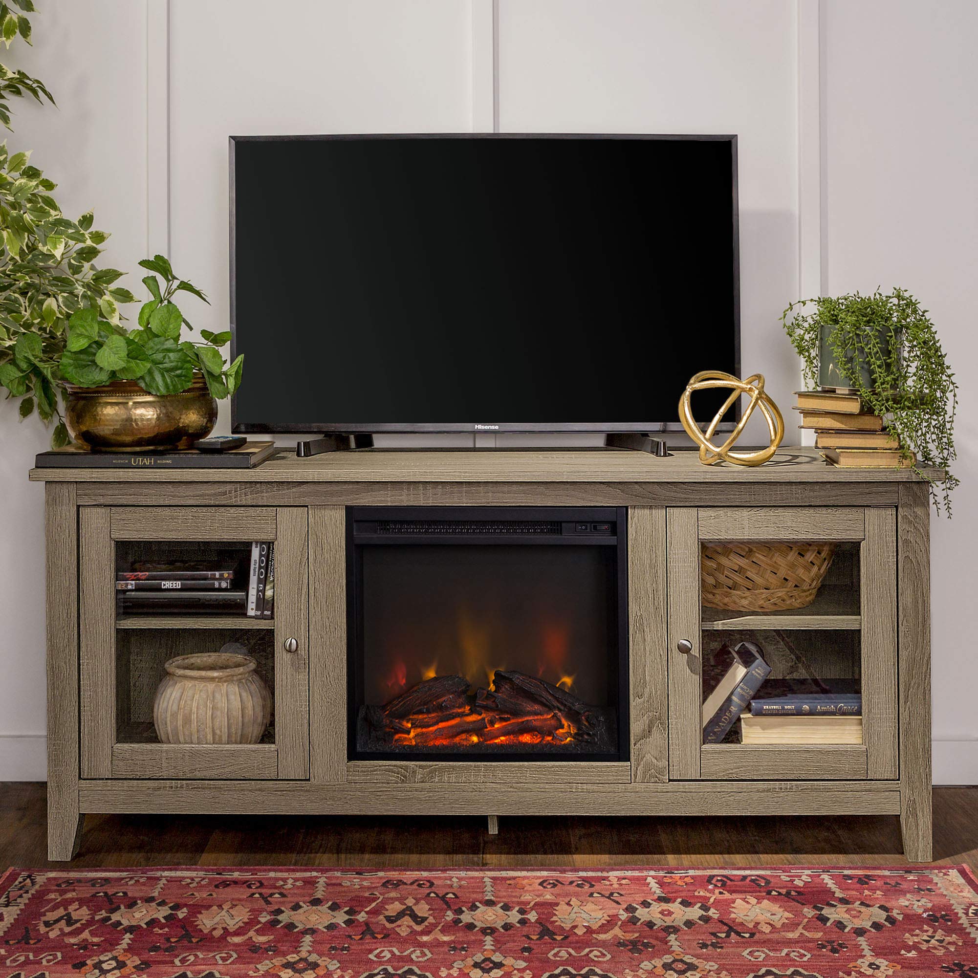 WE Furniture 58" Wood Fireplace TV Stand Console, Driftwood Active