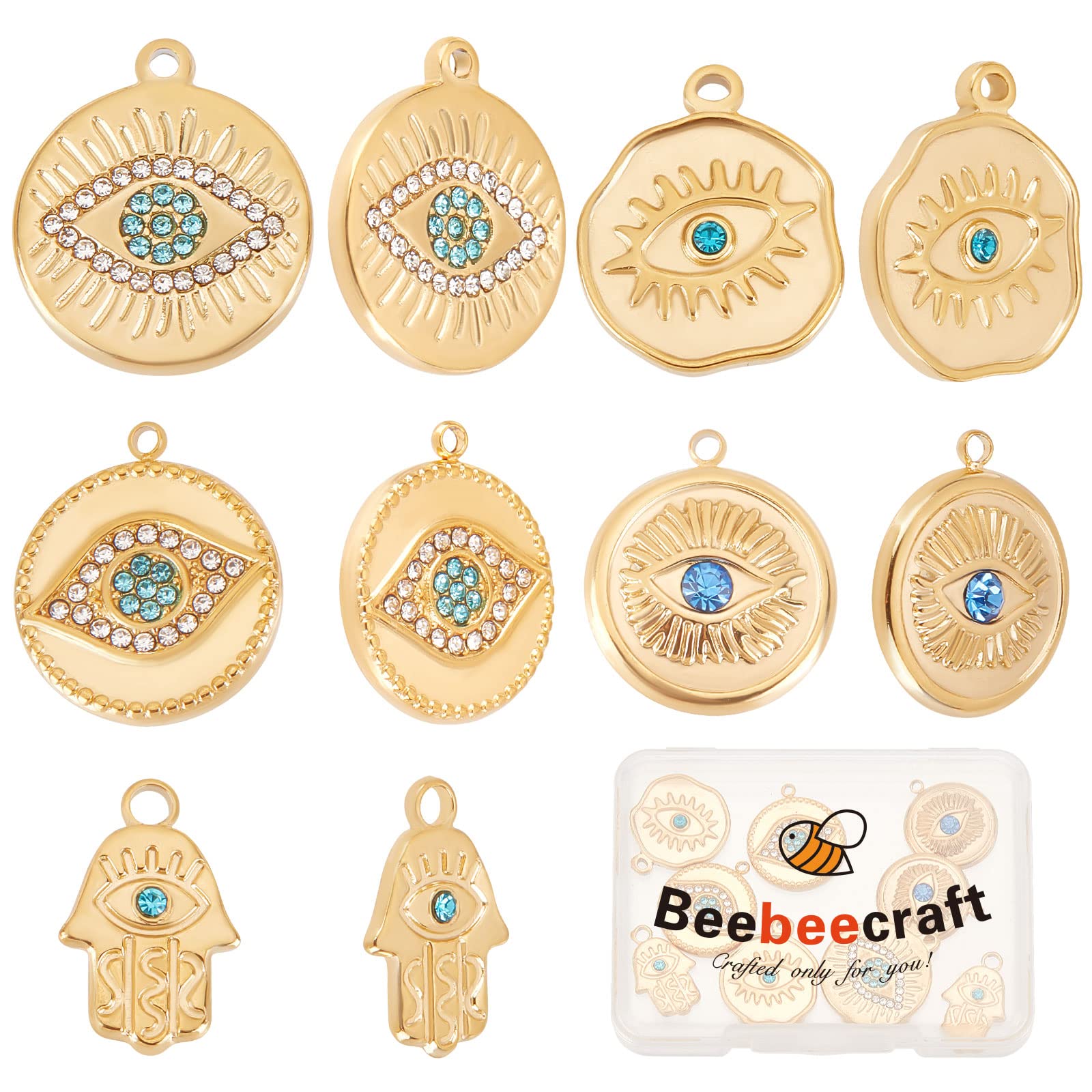 Beebeecraft 1 Box 10Pcs 5 Style Evil Eye Charms 18K Gold Plated Stainless Steel Irregular Flat Round Rhinestone Pendants Charms for Earring Necklace Jewelry Making — image 1