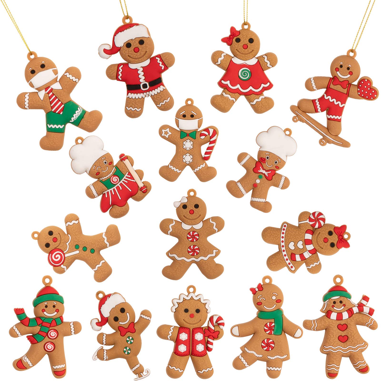 Whaline Christmas Gingerbread Ornaments Set 2" x 2.8" Ginger Man with Strings Figurine Hanging Ornaments for Xmas Tree Festive Season Holiday Party Decoration DIY Craft, 15 Pack