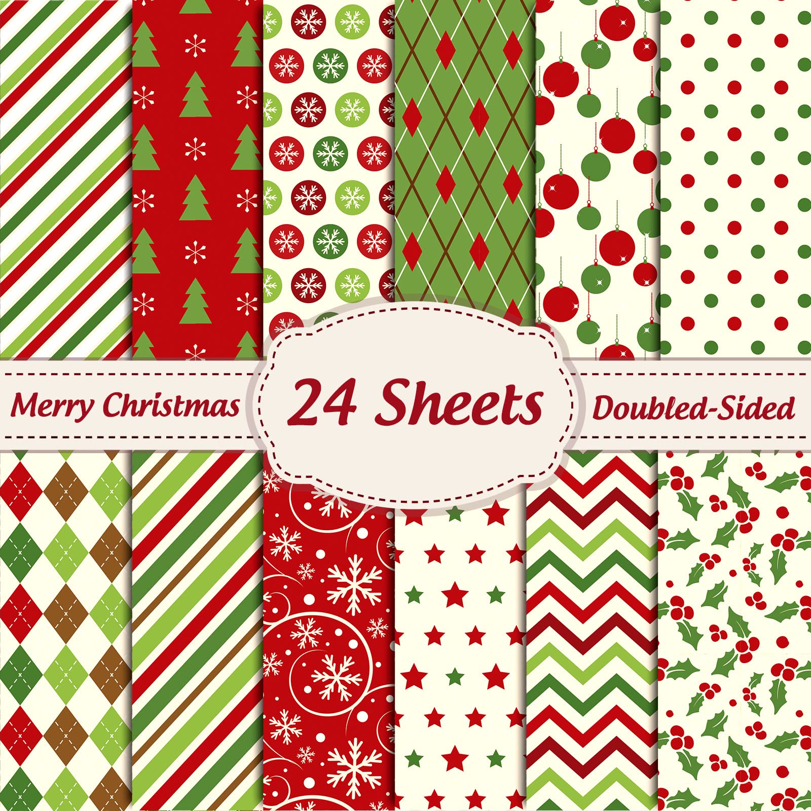 Whaline 24 Sheet Christmas Pattern Paper Pack - 12 Designs, Double-Sided, Matte Finish, Green & Red, 11 x 11 Inch Square Sheets, Perfect for Crafts & Scrapbook