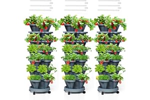 Tectsia Strawberry Vertical Planters Tower Garden 3 Pack, 7 Tiered Stacking Herb Vegetable Planter with Support Pole Indoor and Outdoor - Dark Grey