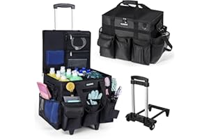 FLOXONIX Large Rolling Cleaning Caddy Bag with Wheels, with Detachable Trolley, Cleaning Bags on Wheels for Housekeepers, Cleaning Cart Supplies Organizer for Home, Car, Picnic (Black)