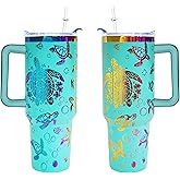 Mindunm 40 oz Sea Turtles Laser Engraving Tumbler With Handle With Lid Straw Double Insulated Travel Coffee Cup Sea Turtles Travel Accessories Must Have Gifts For Women