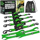 Rhino USA Retractable Ratchet Straps (4-Pack) - 1 Inch x 10 Feet (1,209lb Break Strength) - Auto Self Retracting Tie Down Straps for Truck, Cargo Trailer, Motorcycle, ATV, UTV - Green