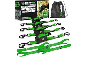 Rhino USA Retractable Ratchet Straps (4-Pack) - 1 Inch x 10 Feet (1,209lb Break Strength) - Auto Self Retracting Tie Down Straps for Truck, Cargo Trailer, Motorcycle, ATV, UTV - Green