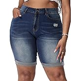 Gocolloa Womens Plus Size Jean Shorts High Waisted Stretchy Midi Bermuda Denim Shorts