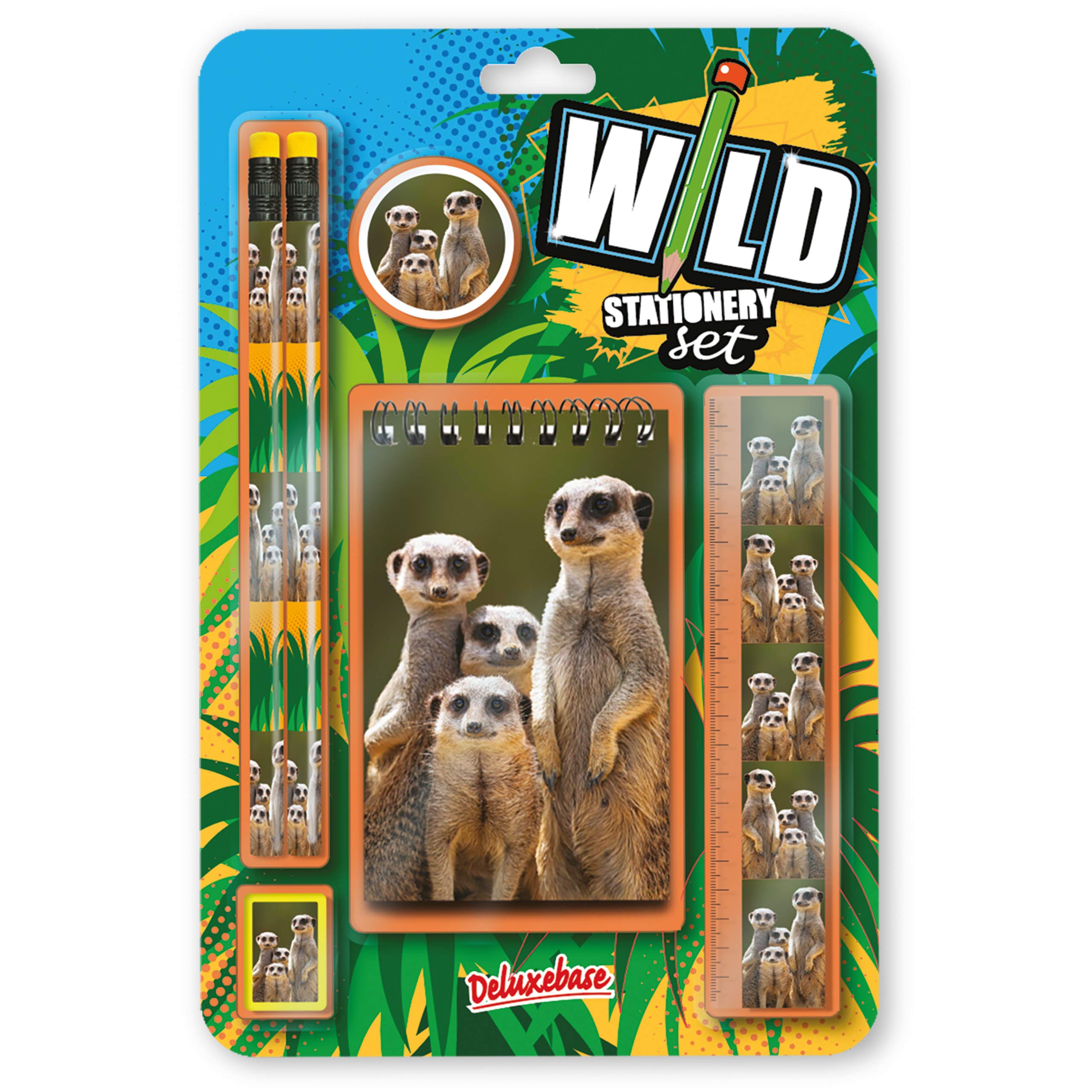 Deluxebase Wild Stationery Set – Meerkat, 6 Piece School Supplies Set including Notebook, 2 Pencils, Ruler, Pencil Eraser and Sharpener, Fun Animal Stationery Gifts for Kids and Students.