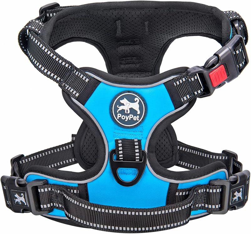 PoyPet No Pull Dog Harness with Neck Release Buckle Reflective Blue Large