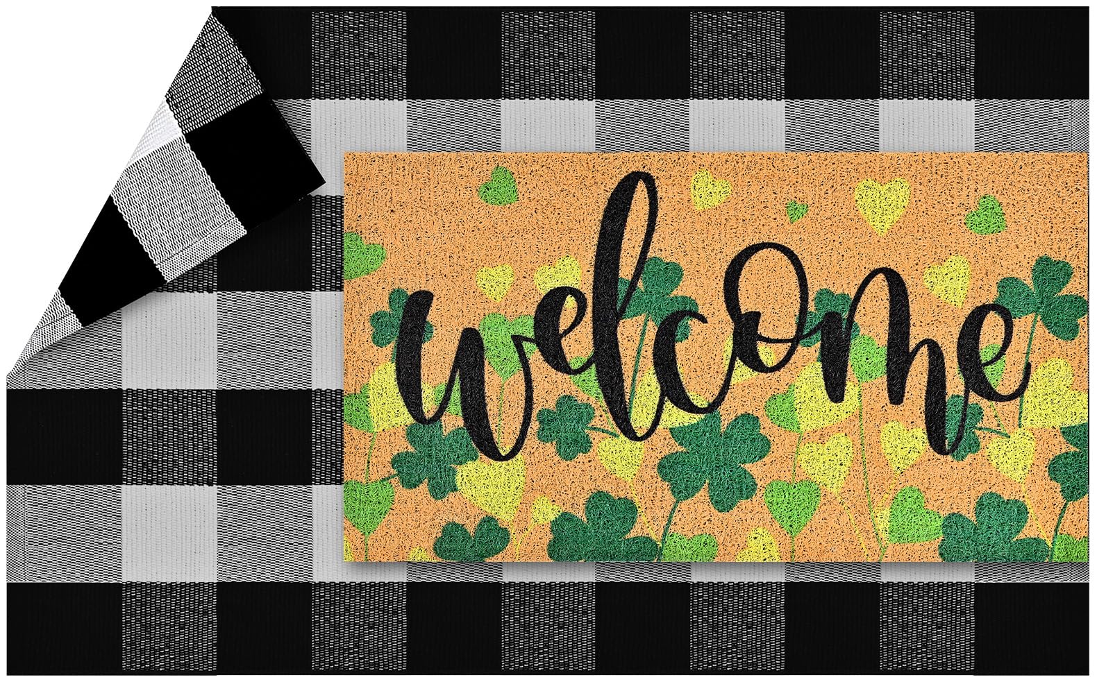 2 Pack St Patricks Day Door Mat Combo Set - 17 x 30 Inch Lucky Clover Welcome Mat + 28 x 43 Inch Black and White Plaid Rug, Non-Slip Holiday Collection Doormat for Front Porch Entryway Decor - Image 4