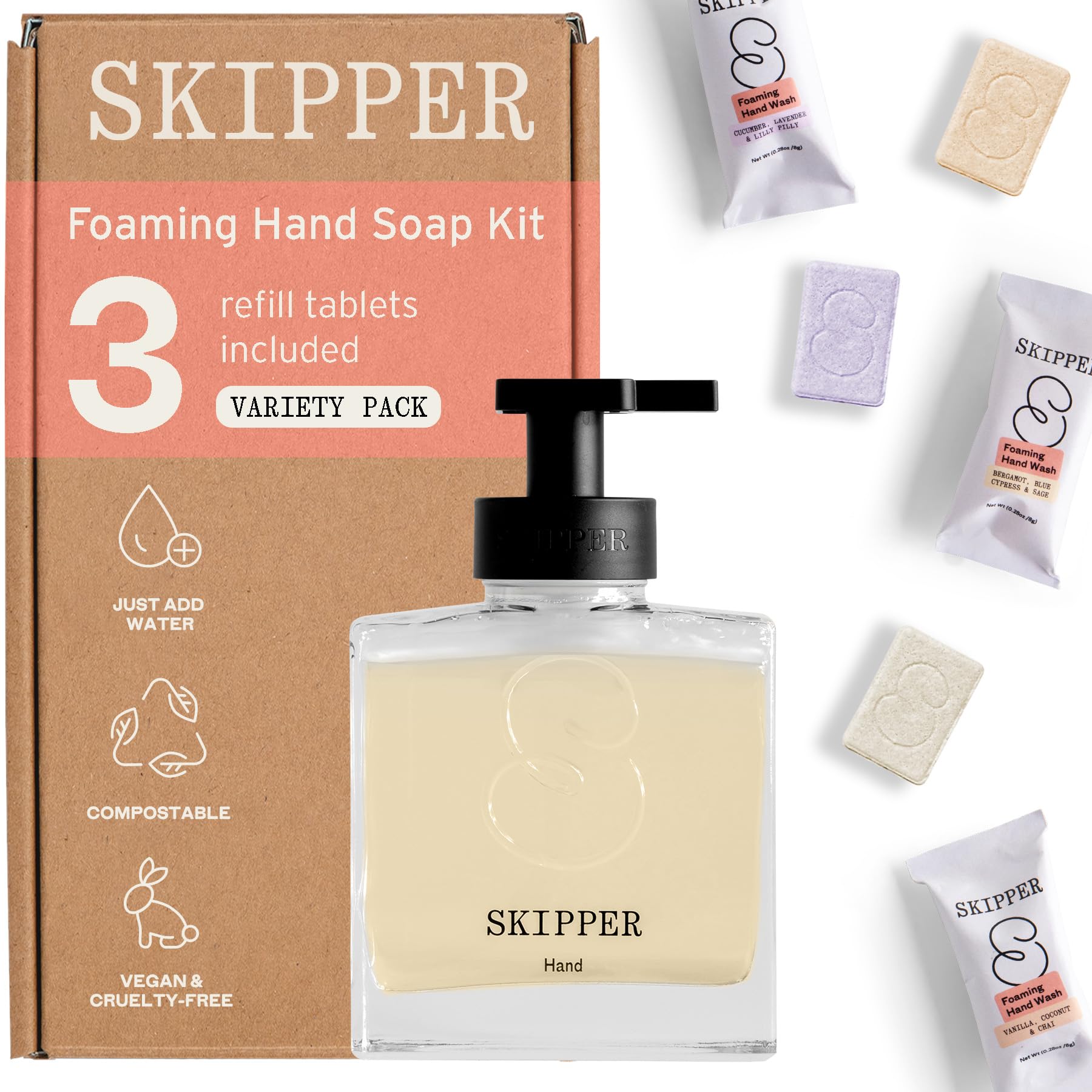 Tirtyl Skipper Hand Wash Single Kit Glass - 1 Glass Foaming Dispenser + 3 Tablet Refills (3x 250ml bottles of soap) - Variety Fragrances