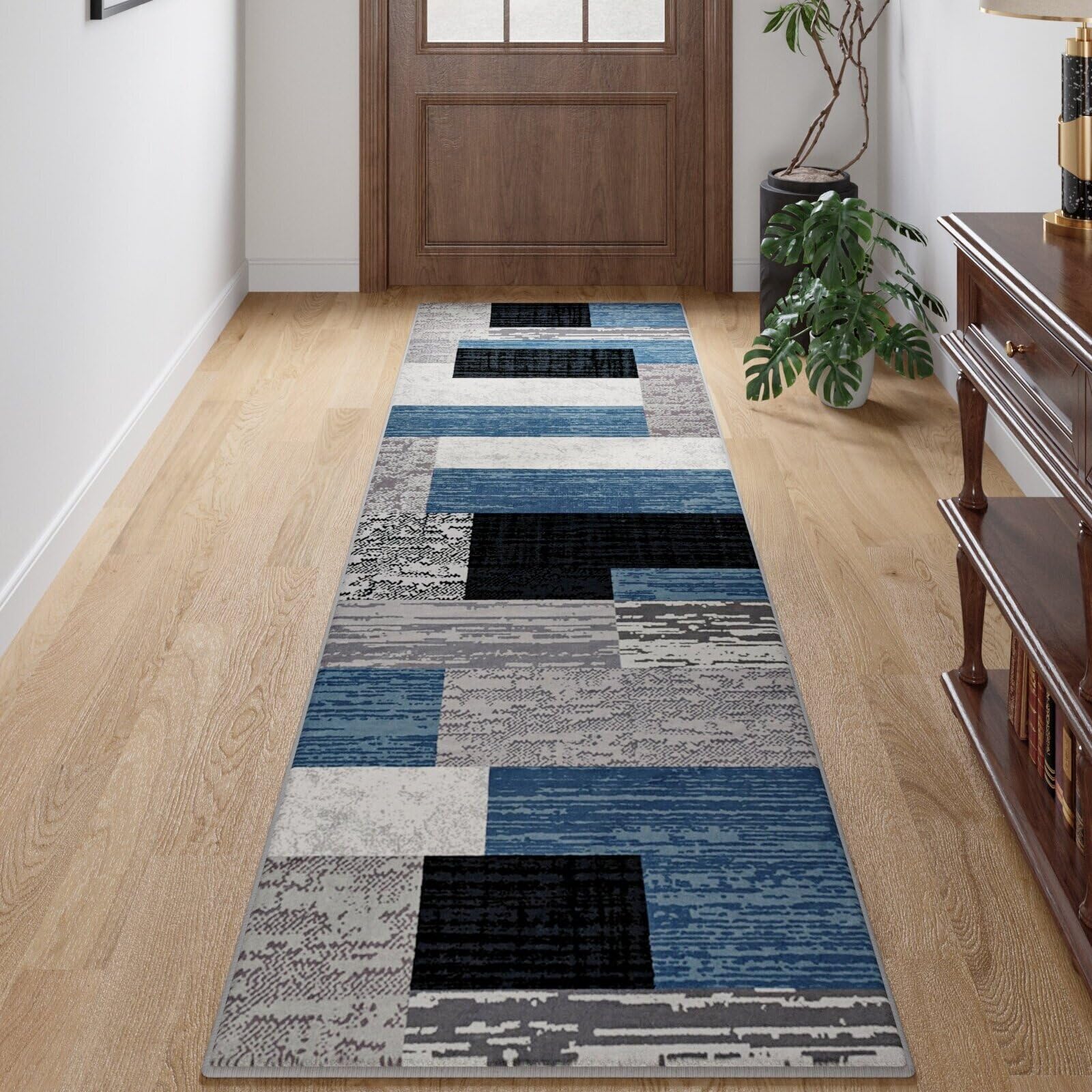 FlyDOIT Modern Geometric Patchwork Area Rug, 2x6 Blue Runner Rugs for Living Room, Rockwood Collection Indoor Rugs for Bedroom, Throw Carpet Floor Decor for Entryway Dining Room Office Nursery