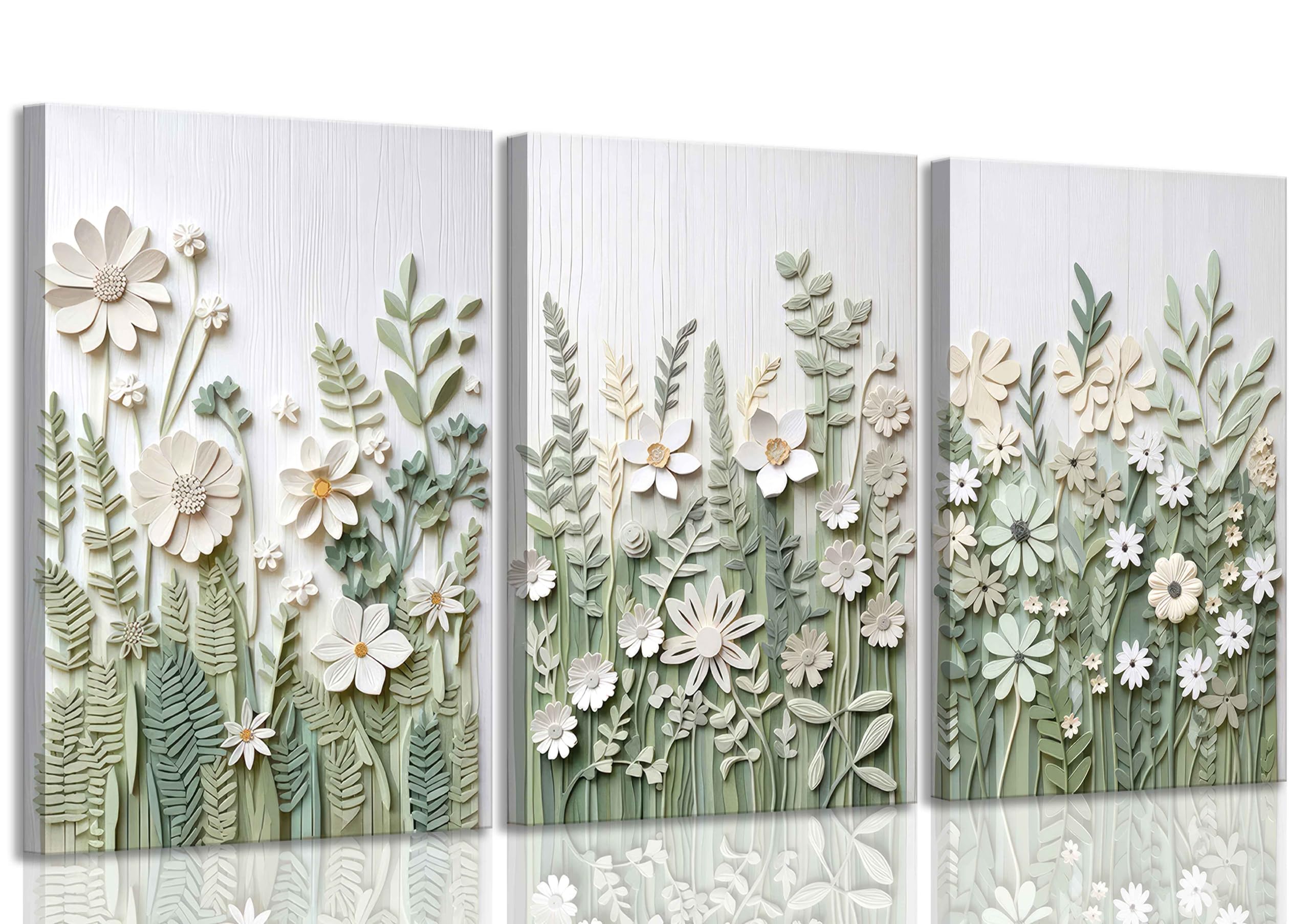 View 1 of ***(NOT 3D)***3 Pcs Sage Green Wildflowers Canvas Wall Art Neutral Minimalist Abstract Boho Floral Botanical Painting Pictures Wall Decor Poster Print Artwork for Living Room Bedroom Home Decoration