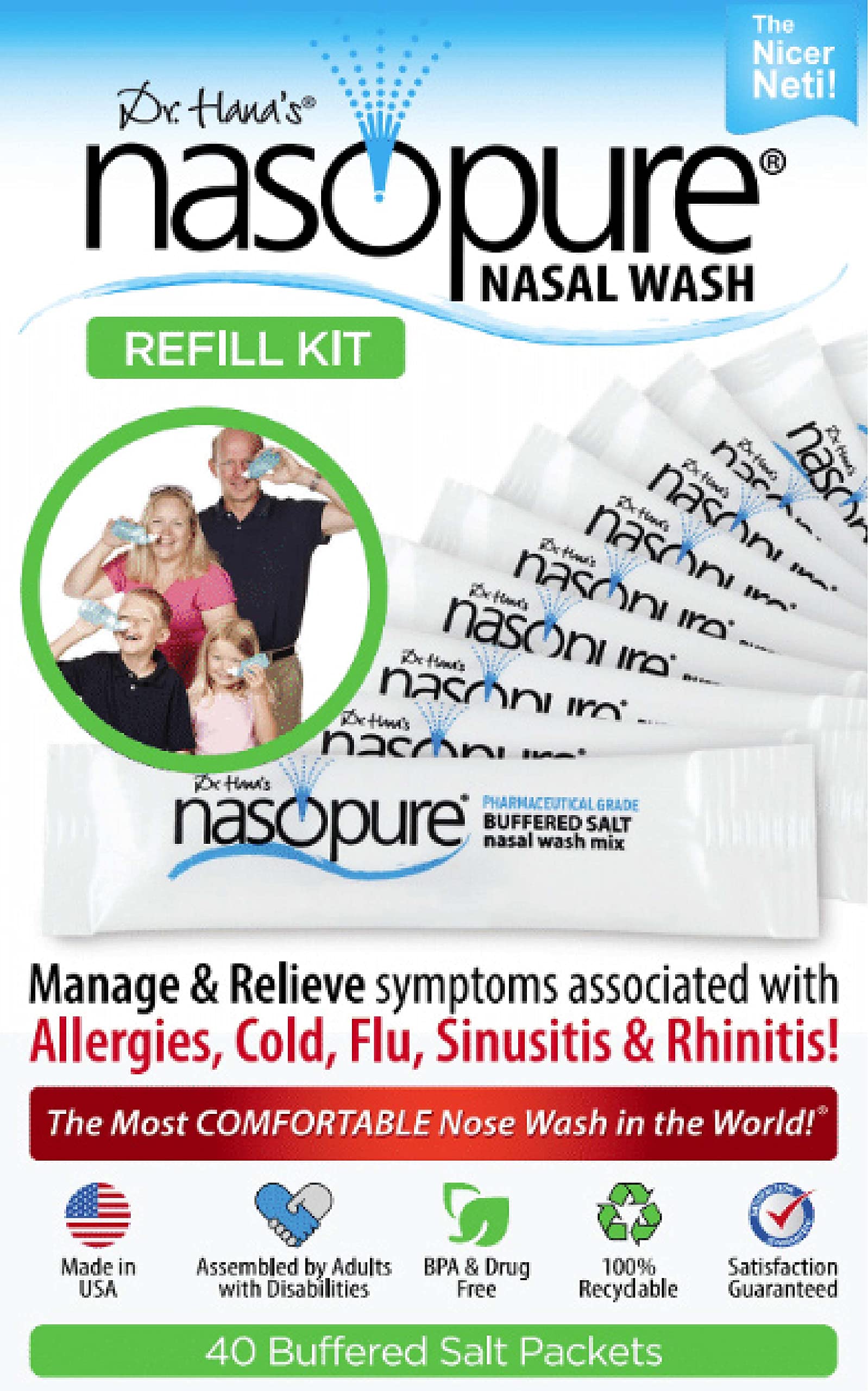 Nasopure Nasal Wash, Refill Kit, “The Nicer Neti Pot” Sinus Wash Kit, Comfortable Nasal Rinse 40 Salt Packets (3.75 Grams Each), Nasal Congestion, Cold, Flu, Allergy, Nasal Irrigation System, Lavage
