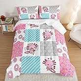 UEVBF Pink Comforter Twin Size,Cute Cartoon Axolotl Bedding Set Donut Dessert Pattern Comforter Set for Children Teens Girls Bedroom Decor Aesthetic,Lovely Style Comforter Set with 2 Pillowcases.
