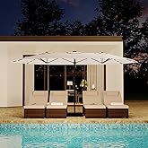 KYBOLT 15 Ft Large Patio Umbrella with Solar Lights, Outdoor Double-Sided Rectangle Umbrella with Base, Outdoor Umbrella for Backyard, Pool, Patio, Beige