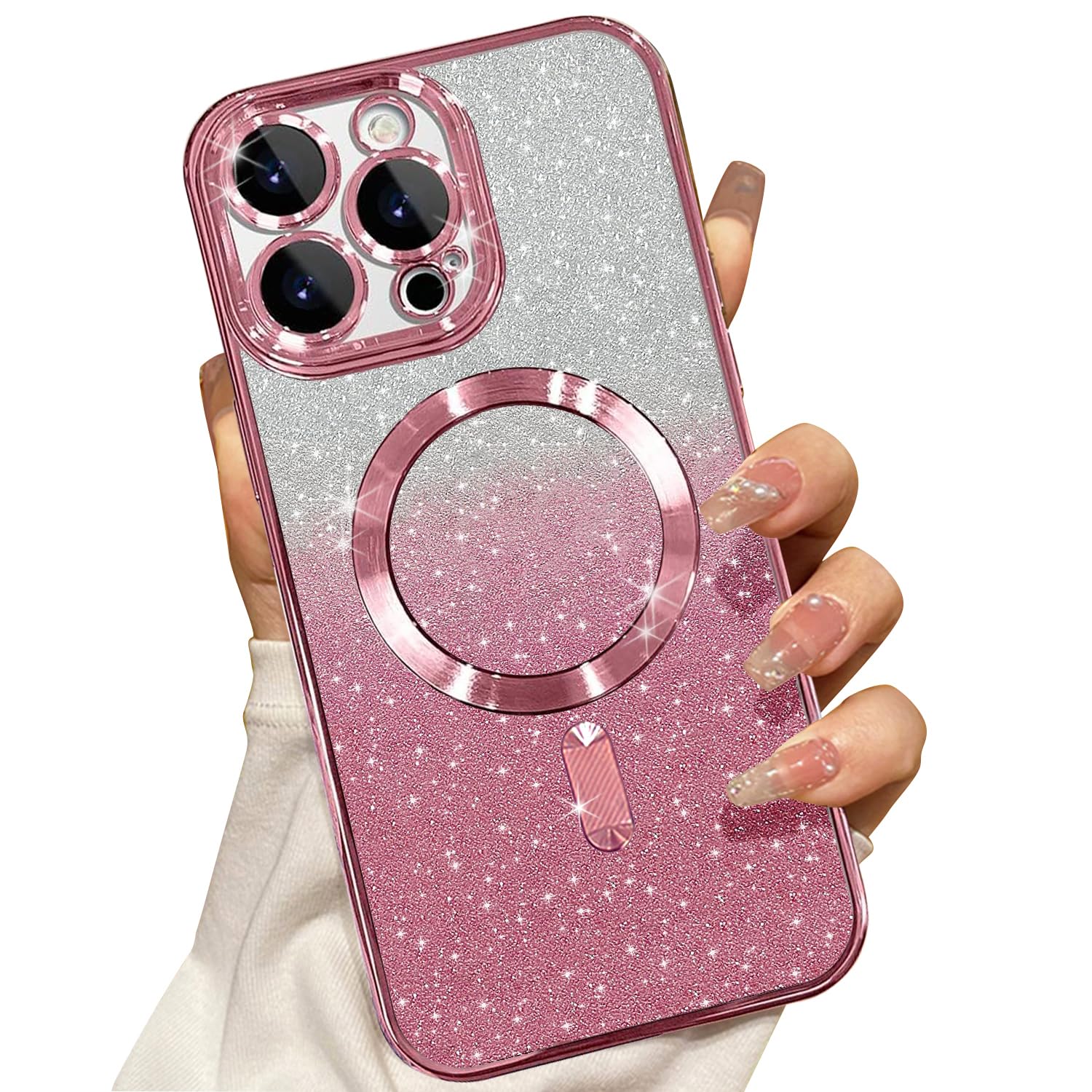 Misscase Compatible with iPhone 14 Pro Magnetic Glitter Case with Camera Lens Protector Full Protection Case Compatible with MagSafe Elegant Anti-Scratch Case Cover for iPhone 14 Pro Pink