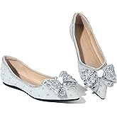 Women's Pointed Toe Flats Diamond Bow Sequin Comfortable Slip On Flats Light Weight Dress Shoes