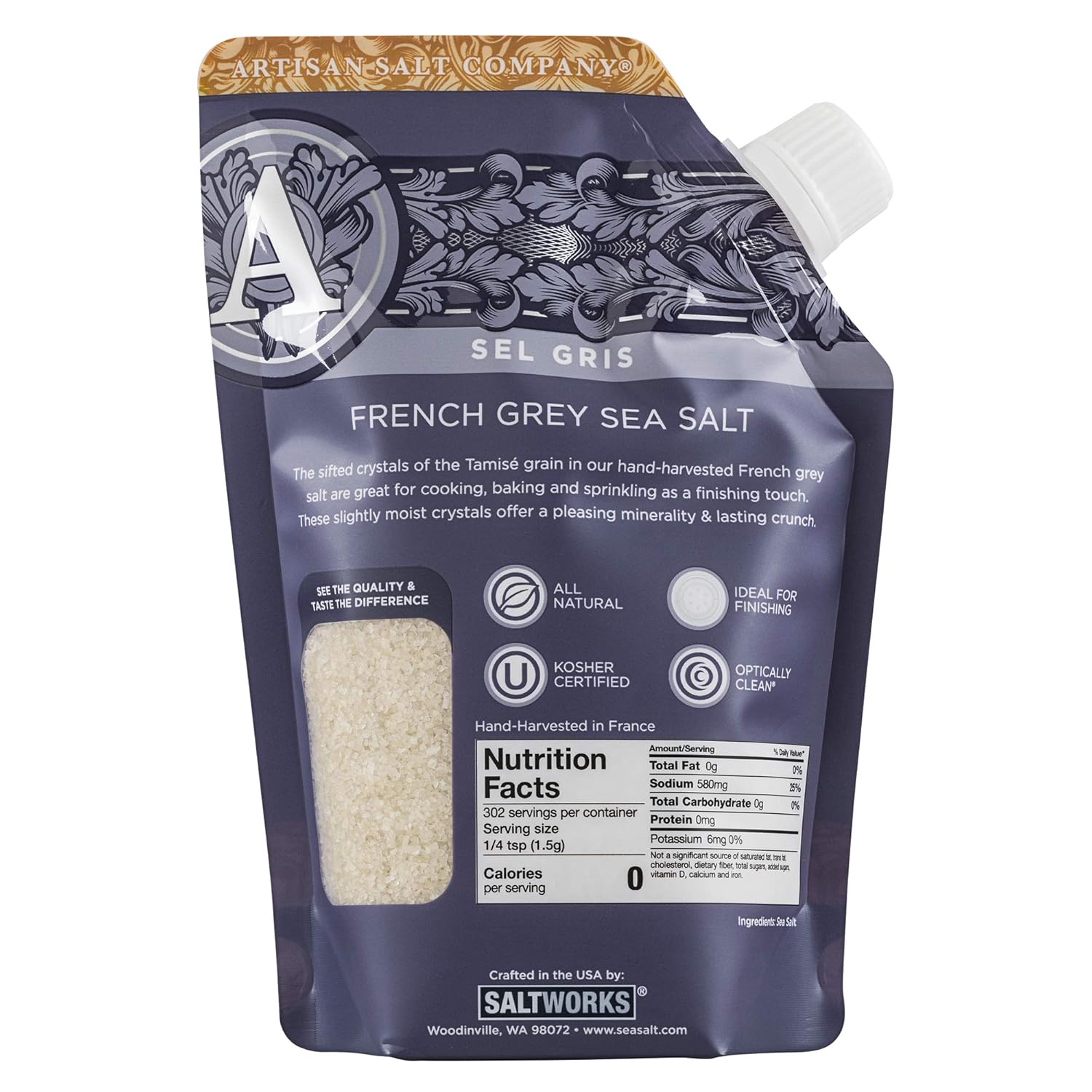 SaltWorks Pacific Blue Kosher Flake Sea Salt, Artisan Pour Spout Pouch, 8 Ounce : Grocery & Gourmet Food
