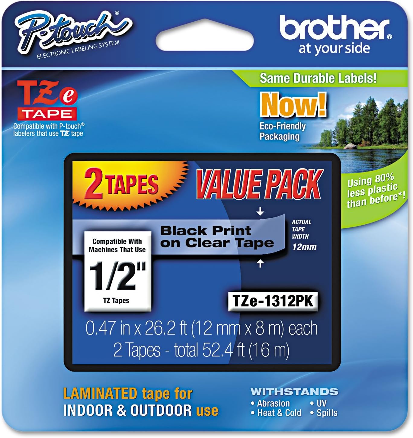 Brother Genuine P-touch TZE-1312PK Tape, 1/2" (0.47") Standard Laminated P-touch Tape, Black on Clear, Perfect for Indoor or Outdoor Use, Water Resistant, 26.2 Feet (8M), Two-Pack: Office Products