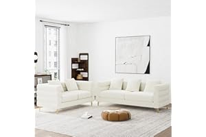 Wrofly Living Room Sofa and Loveseat Set, Modern Comfy Overstuffed Velvet Deep Seat Cloud Couch with 5 Pillows, Oversized Chesterfield Furniture Sets for Living Room Bedroom, Ivory White Velvet