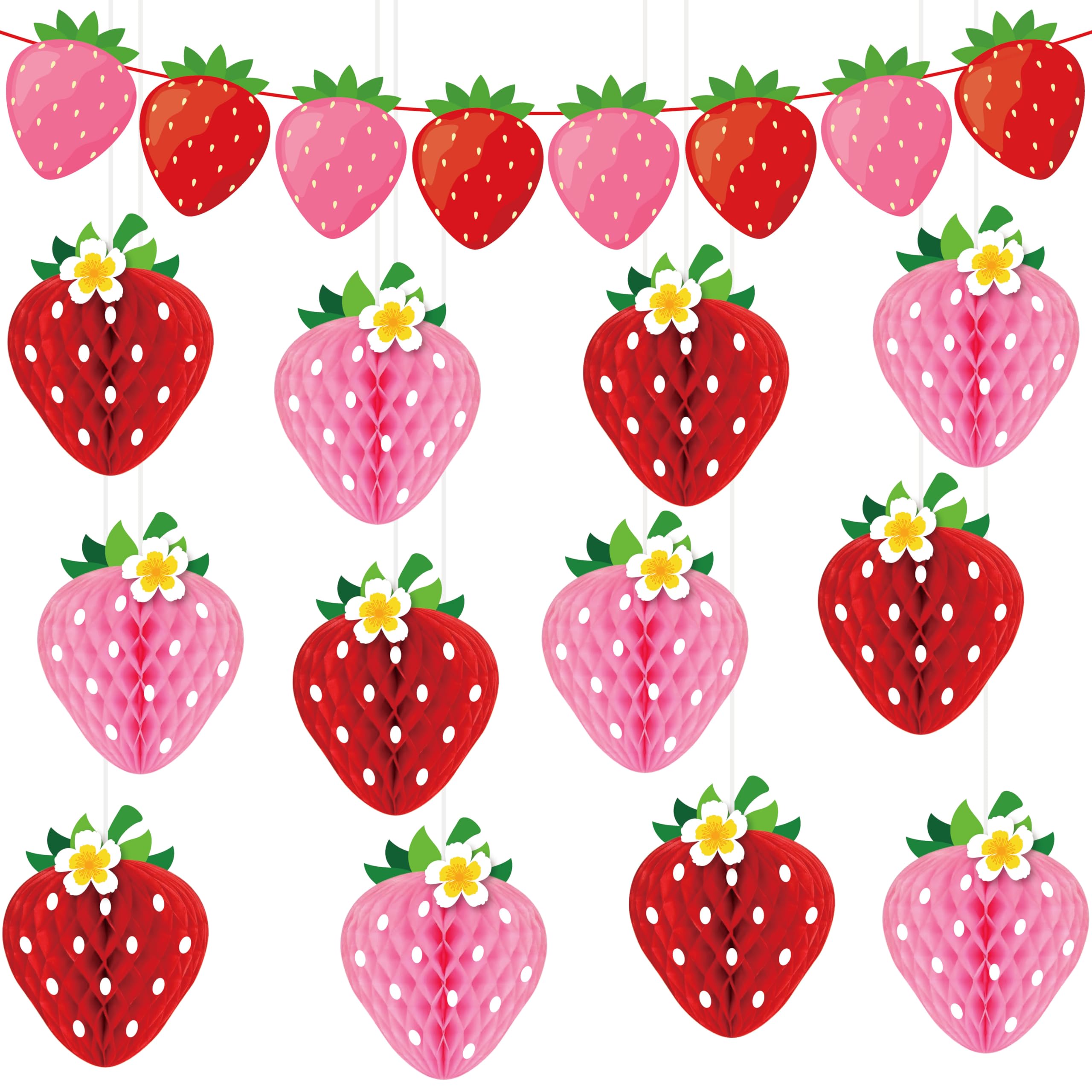 Photo 1 of 13PCS Strawberry Party Decorations Honeycomb Balls Banner Berry First Birthday Hanging Decor Table Centerpieces