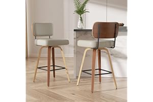 Choairy Swivel Bar Stools Set of 2, 26" Upholstered Faux Leather Counter Height Barstools with Walnut Back & Bentwood Legs, M