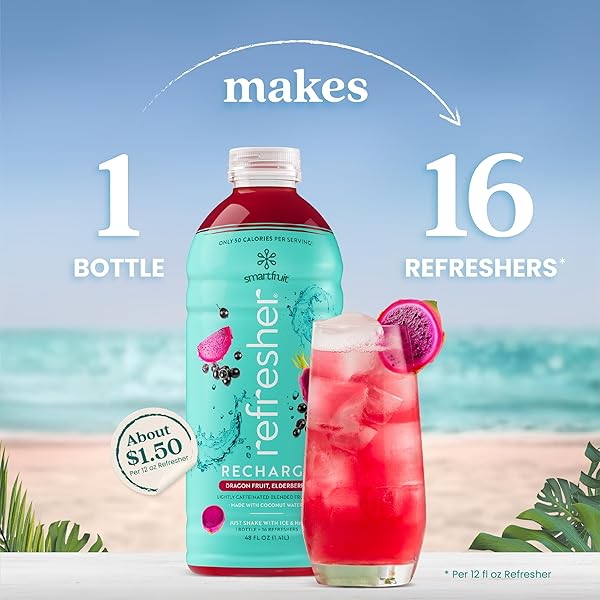 SMARTFRUIT RECHARGE REFRESHER – DRAGON FRUIT, ELDERBERRY – MADE WITH REAL FRUIT JUICE, NO ADDED SUGAR, COCONUT WATER FOR HYDRATION, GREEN COFFEE BEAN EXTRACT FOR NATURAL ENERGY – 48OZ DRINK MIX