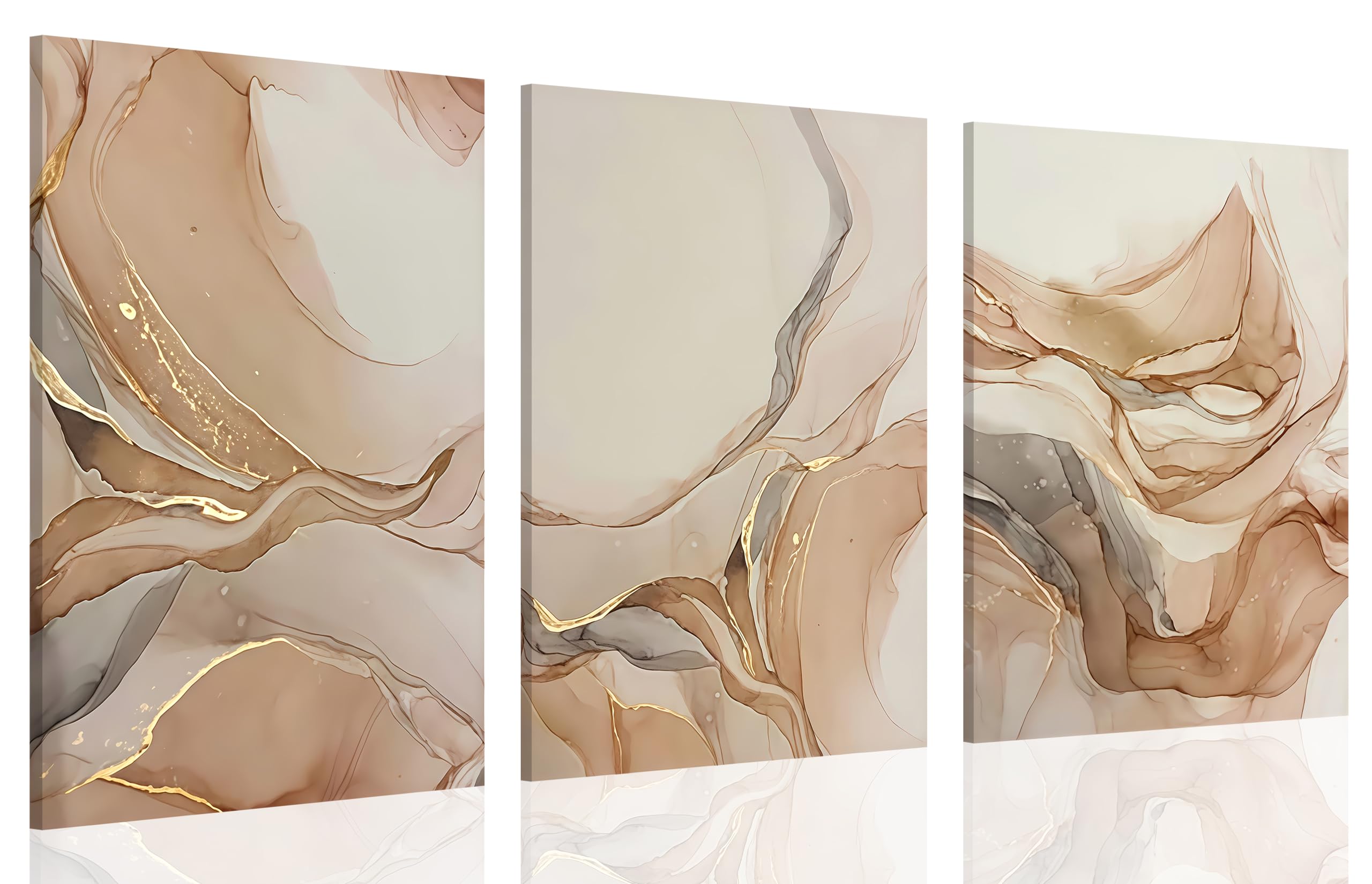 Framed 3pcs Modern Abstract Pictures Wall Art Beige and Gold Fluid ...