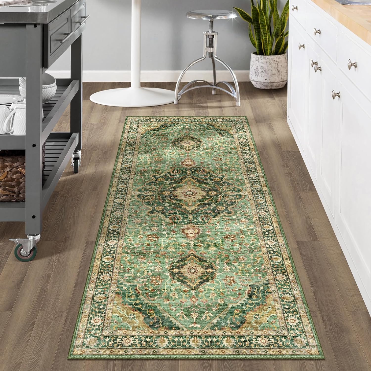 Photo 1 of Green Runner Rugs 3x8 Boho Washable Area Rugs for Entryway Bathroom Kitchen, Long Rugs for Hallway Soft Low Pile Non-Slip Rubber Backing Oriental