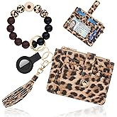 Sunpour Wallet Keychain Wristlet,Airtag Wristlet Wallet for Women RFID Credit Card Holder with boho beaded Cute Key Chains for Women(Leopard)