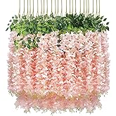 U'Artlines 24 Pack(Total 43.2 Feet) Artificial Fake Wisteria Vine Rattan Hanging Garland Silk Flowers String Home Party Wedding Decor (24, Light Pink)