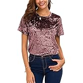Women's Crew Neck Velvet Top Short Sleeve T-Shirt