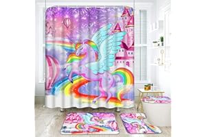 ALISHOMTLL 4 Pcs Unicorn Kids Shower Curtain Set with Memory Foam Bath Mat, Non-Slip Bathroom Rugs and Toilet Lid Cover, Waterproof Pink Rainbow Shower Curtain with Hooks, Girls Kids Bathroom Decor Sets