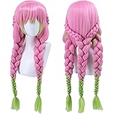 Cfalaicos Pink Green Braid Cosplay Wigs for Women Long Braided Wig with Bangs for Party Halloween Costume