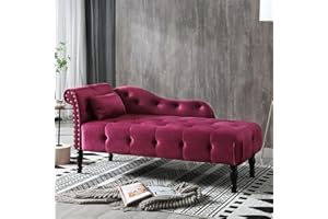 KIVENJAJA Velvet Chaise Lounge Indoor, 60” Tufted Upholstered Lounge Chair with Pillow & Rolled Arm Nailhead Trim for Bedroom Living Room Office, Burgundy