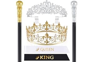 Zhanmai 6 Pcs Prom King and Queen Crowns Set Homecoming Costume Walking Cane Sashes for Halloween Birthday Party