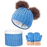 Kids Winter Beanie Scarf Gloves Set - Thermal Fleece Lined Knit Hat, Soft Neck Warmer & Mittens for Girls & Boys 1-10 Years