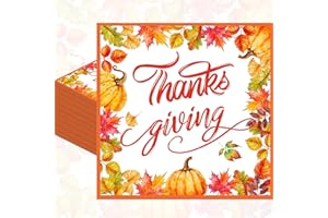 JREMREO Pack of 50, Thanksgiving Day Napkins, Pumpkin Autumn Leaves Design, Disposable Paper Napkins for Fall, Friendsgiving, Harvest, and Holiday Dinner Decorations, 13x13 Inches Unfolded