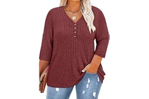 Koscacy Women Plus Size V Neck 3/4 Roll Sleeve Sweater Casual Knit Tops Solid Color Blouses