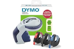 Dymo Embossing Label Maker with 3 Label Tapes | Omega Label Maker Starter Kit | Small, Ergonomic Design with Turn Click Wheel | for Home, DIY & Crafting (£/€, Ä, Ö & Ü)